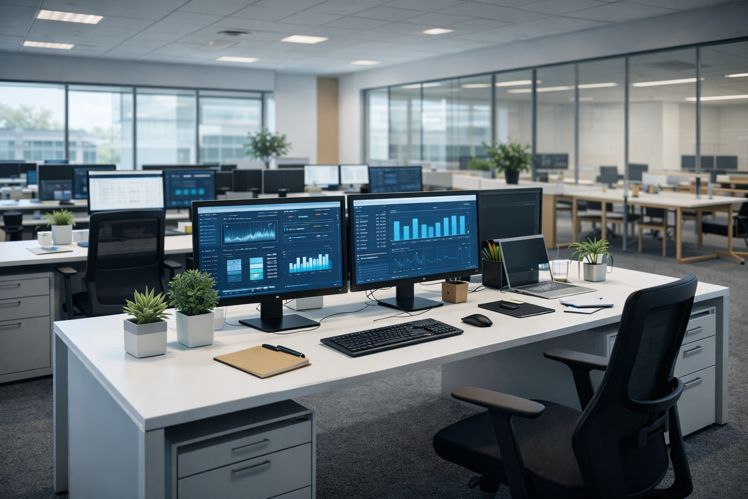 Modern office with dual monitors displaying analytics dashboards